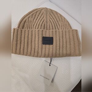 All Saints Traveling Ribbed Logo Beanie Hat Leather Cortina Beige NWT